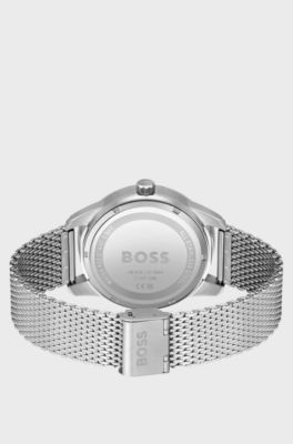 Skeleton-dial automatic watch with mesh bracelet, Silver