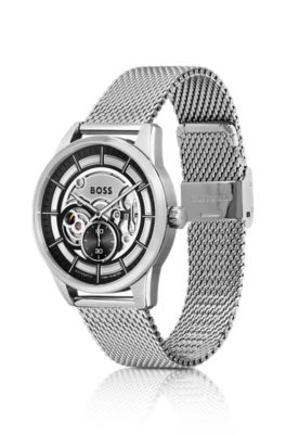 Skeleton-dial automatic watch with mesh bracelet, Silver