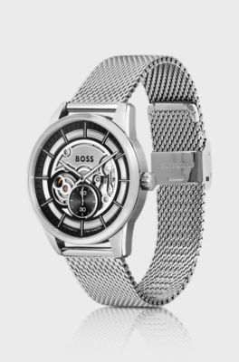 Skeleton-dial automatic watch with mesh bracelet, Silver
