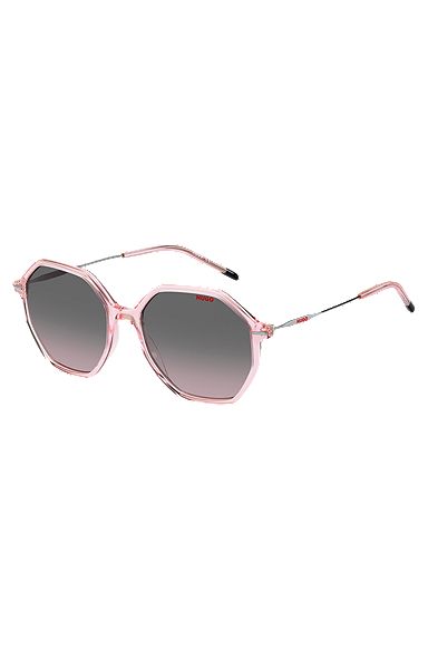 Pink-acetate sunglasses with branded metal temples, light pink