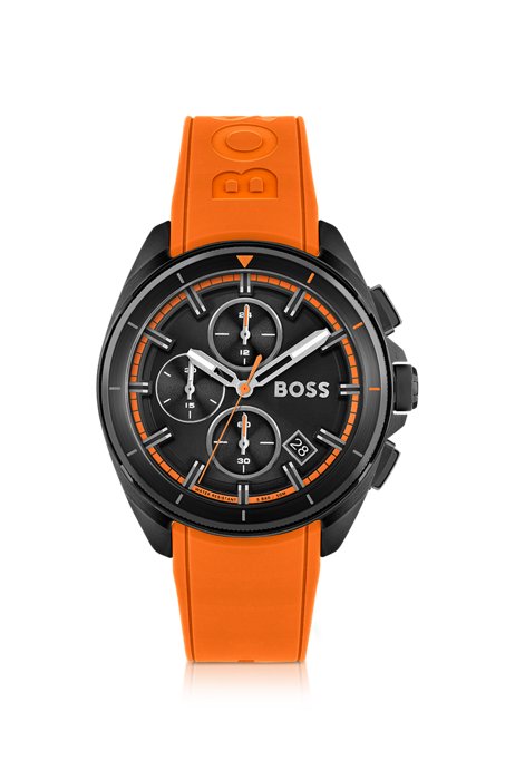 Montre chronographe en acier plaqué noir avec bracelet en silicone orange, Assorted-Pre-Pack