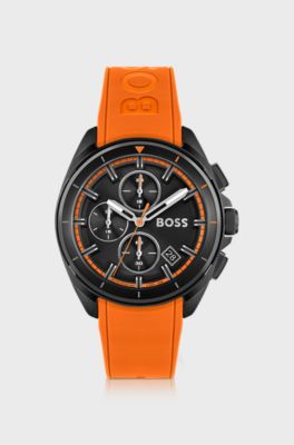 Black-plated chronograph watch with orange silicone strap, Orange