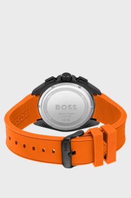 Black-plated chronograph watch with orange silicone strap, Orange