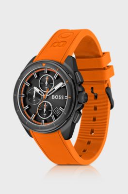 Black-plated chronograph watch with orange silicone strap, Orange