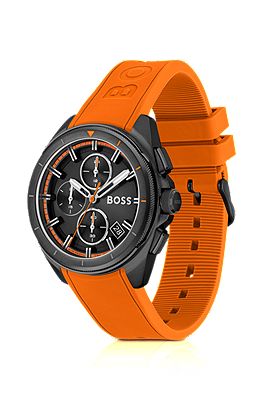 BOSS Black plated chronograph watch with orange silicone strap