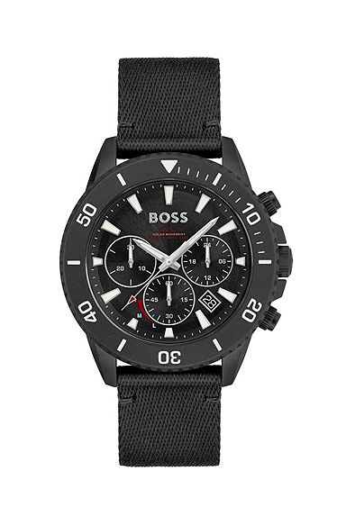 Black-dial chronograph watch with fabric strap, Black