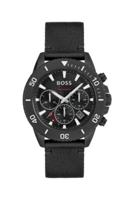 Black-dial chronograph watch with fabric strap, Black