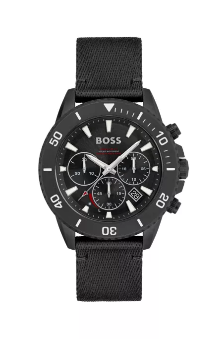 Black-dial chronograph watch with fabric strap