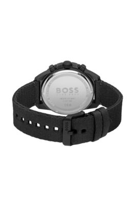 Montre chronographe &agrave; cadran noir et bracelet en tissu, Noir