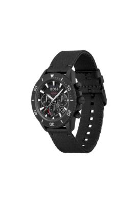 Black-dial chronograph watch with fabric strap, Black