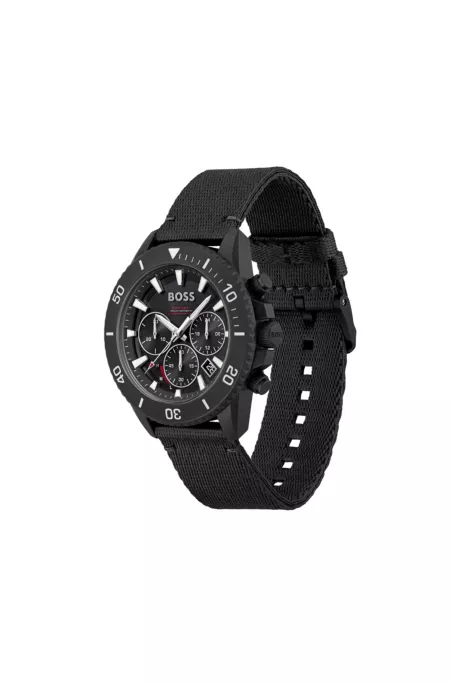 Black-dial chronograph watch with fabric strap