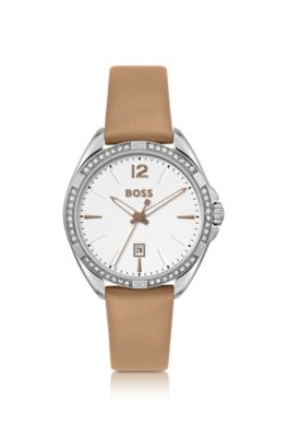 Stainless-steel watch with crystal-embellished bezel, Silver