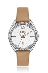 Stainless-steel watch with crystal-embellished bezel, Silver