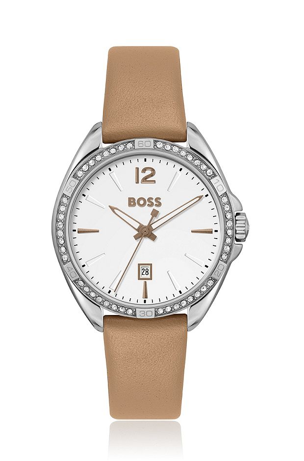 Stainless-steel watch with crystal-embellished bezel, Silver