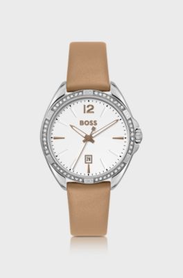 Stainless-steel watch with crystal-embellished bezel, Silver
