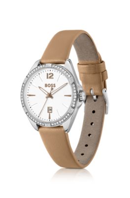 Stainless-steel watch with crystal-embellished bezel, Silver