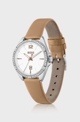 Stainless-steel watch with crystal-embellished bezel, Silver