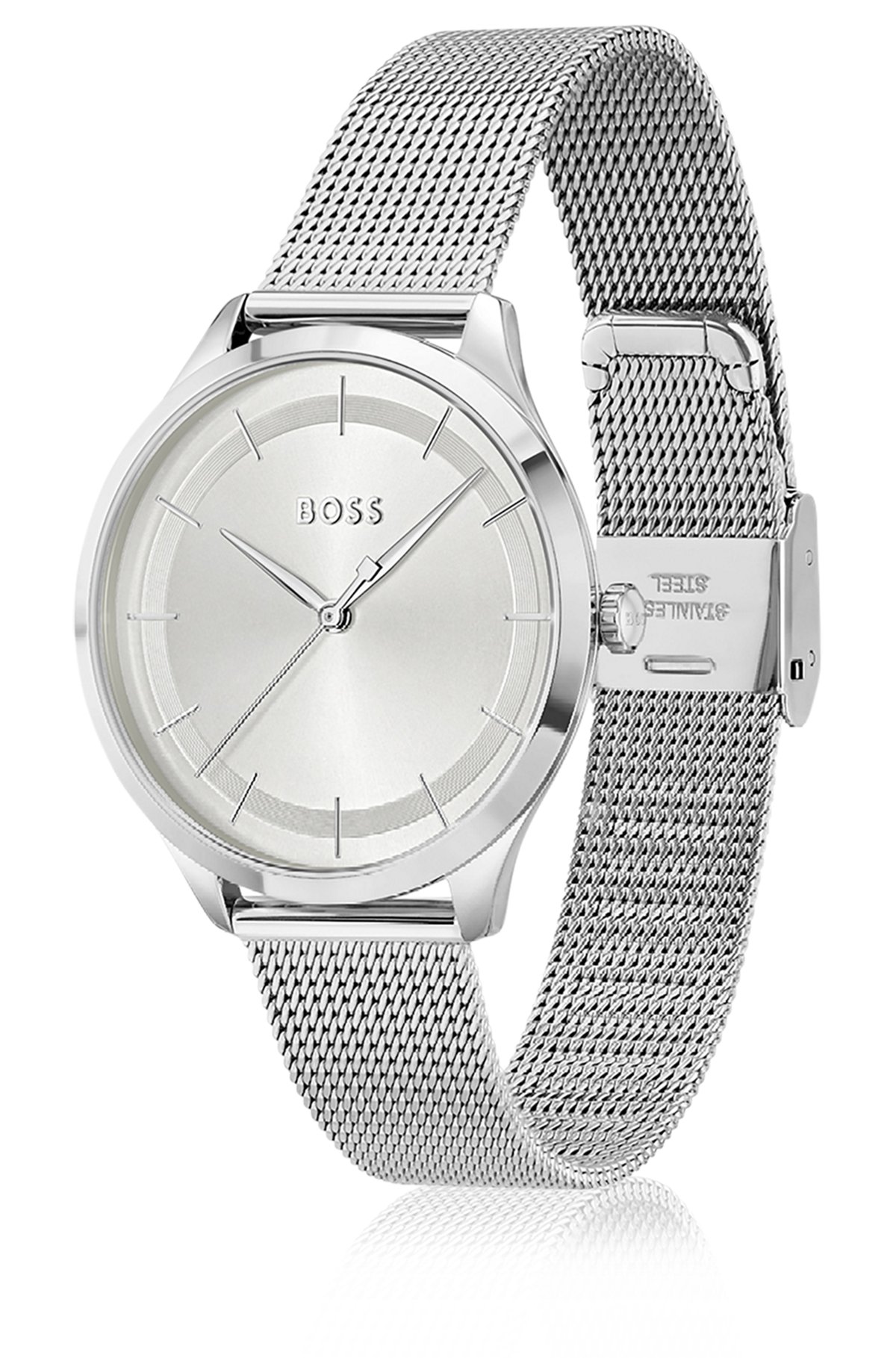 Silver-tone watch with mesh bracelet, Silver