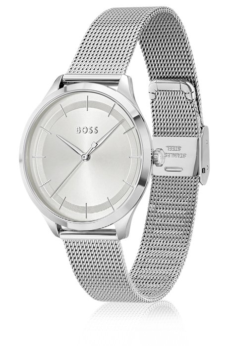 Zilverkleurig horloge met polsband in meshstructuur, Assorted-Pre-Pack