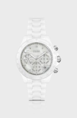 Ceramic watch with silver-white dial, White