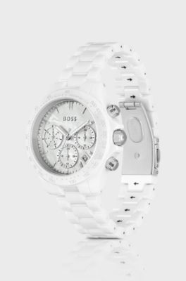 Ceramic watch with silver-white dial, White