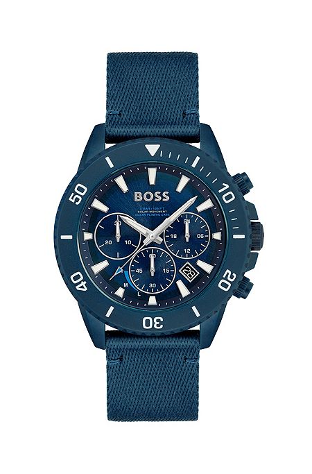 Blue-dial chronograph watch with fabric strap, Dark Blue
