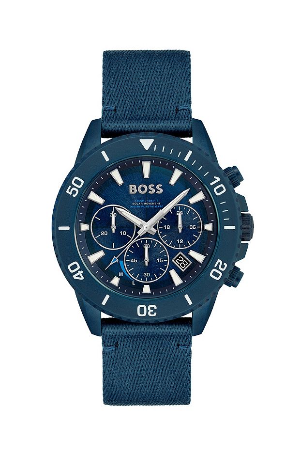Blue-dial chronograph watch with fabric strap, Dark Blue