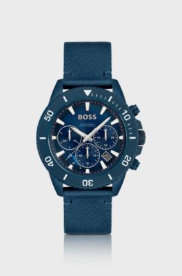 Blue-dial chronograph watch with fabric strap, Dark Blue