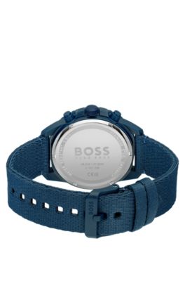 Blue-dial chronograph watch with fabric strap, Dark Blue