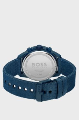 Blue-dial chronograph watch with fabric strap, Dark Blue