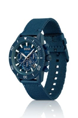 Blue-dial chronograph watch with fabric strap, Dark Blue