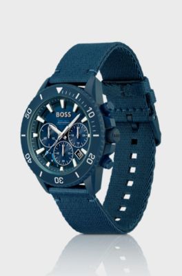 Blue-dial chronograph watch with fabric strap, Dark Blue