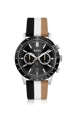 Chronograph watch with signature-stripe strap, Black