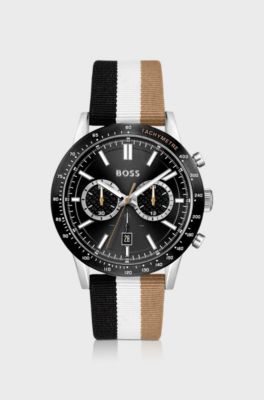 Chronograph watch with signature-stripe strap, Black