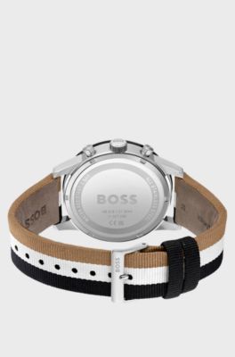 Chronograph watch with signature-stripe strap, Black