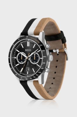 Chronograph watch with signature-stripe strap, Black