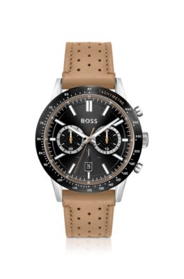 Chronograph watch with perforated leather strap, Light Brown