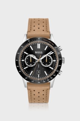 Chronograph watch with perforated leather strap, Light Brown