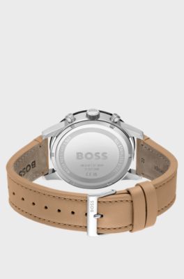Chronograph watch with perforated leather strap, Light Brown