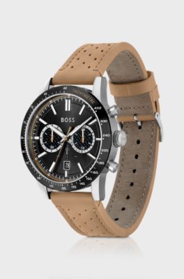 Chronograph watch with perforated leather strap, Light Brown