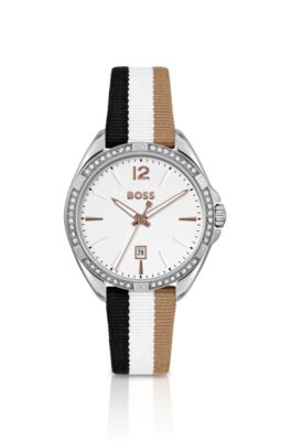 White-dial watch with striped strap and crystal accents, Silver