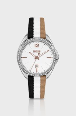 White-dial watch with striped strap and crystal accents, Silver
