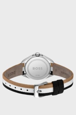 White-dial watch with striped strap and crystal accents, Silver