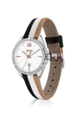 White-dial watch with striped strap and crystal accents, Silver