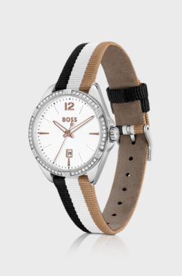 White-dial watch with striped strap and crystal accents, Silver