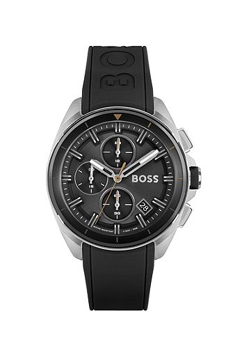 Montre chronographe avec cadran noir et bracelet en silicone noir, Noir