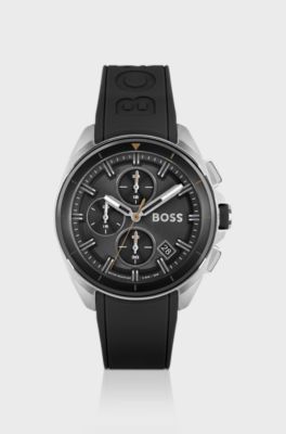 Black-dial chronograph watch with black silicone strap, Black