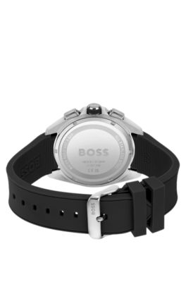 Black-dial chronograph watch with black silicone strap, Black
