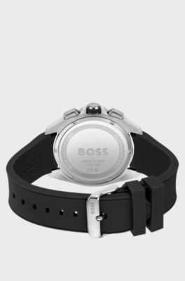 Black-dial chronograph watch with black silicone strap, Black
