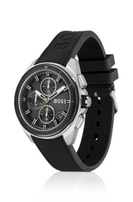 Black-dial chronograph watch with black silicone strap, Black